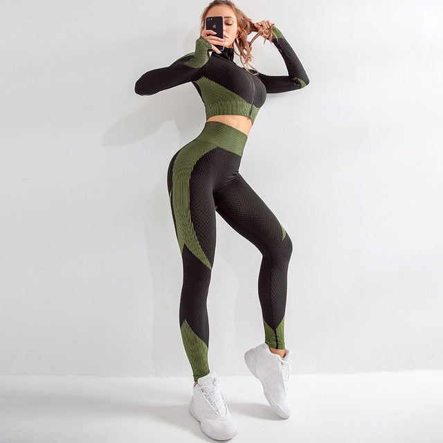 women gym sets 2 piece long sleeve fitness suit sportswear seamless workout gym wear set woman gym clothing for women yoga set