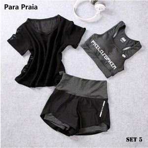 Cintura alta de tres piezas conjunto de Yoga ropa deportiva para mujeres sujetador deportivo Ropa de fitness mujeres pantalones cortos deportivos gimnasio Crop Top mujeres