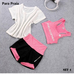 Cintura alta de tres piezas conjunto de Yoga ropa deportiva para mujeres sujetador deportivo Ropa de fitness mujeres pantalones cortos deportivos gimnasio Crop Top mujeres
